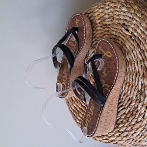 Sam Edelman Womens Rasha Black Leather Strappy Cork Platform Wedge Sandals S-8.5